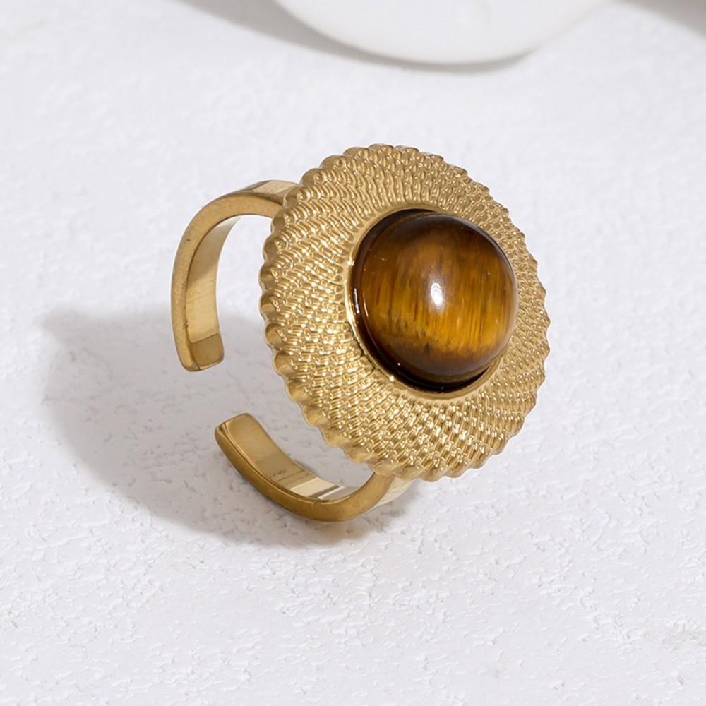 Metal Tiger Eye Stone Ring Sun Heart Motif Geometric Rings Vintage Finger Open Rings Jewelry