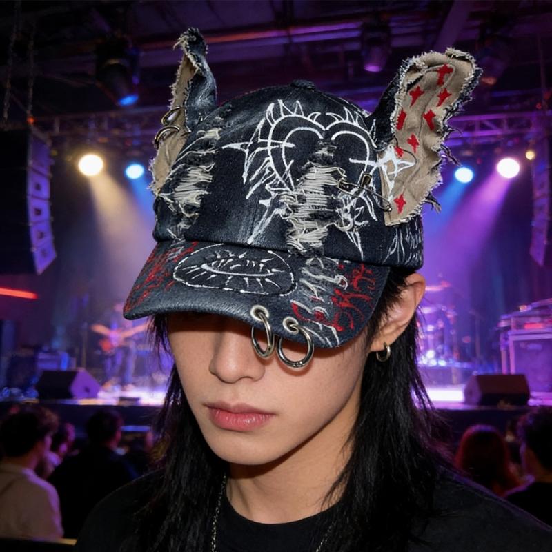 2000s Punk Baseball Cap With Animal Ear And Distressed Lookings Metal Rings Hat For Bold Fashion Statement