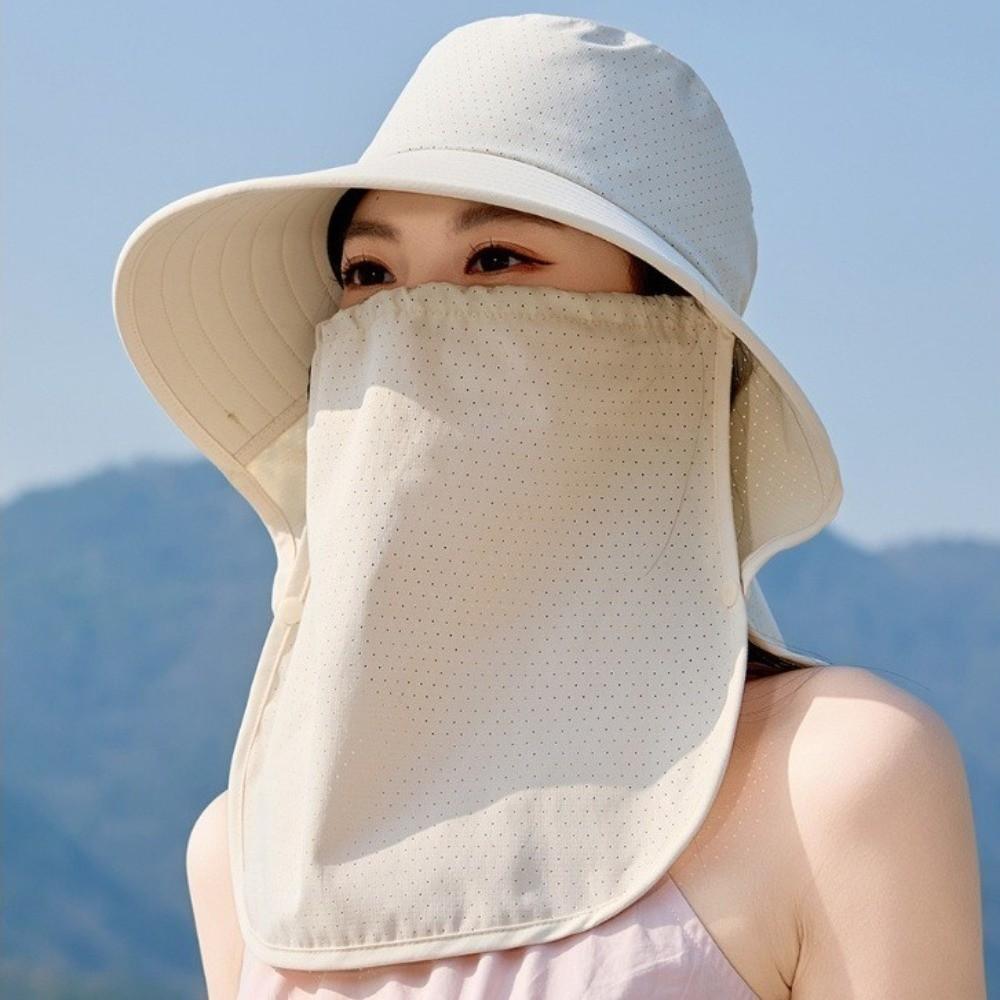 Wide-Brimmed Sunshade Sun Hat Solid Color Picking Tea Hat Windproof Rope Shawl Mask Hat  Jogging