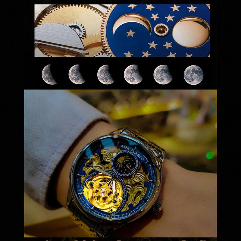 Royal Gold Skeleton Automatic Watch for Men Luxury Tourbillon Mechanical Watches Stainless Steel Strap Luminous Clock