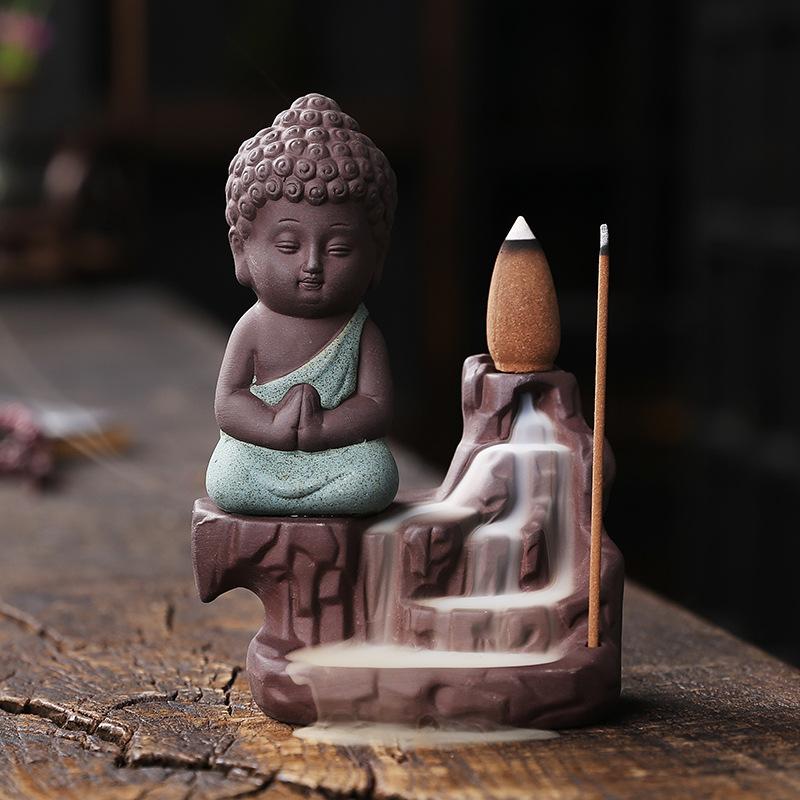 1pc Ceramic Waterfall Incense Burner Cute Monk Backflow Incense Burner Bodhisattva Buddha Burner Home Decor (Without Incense)