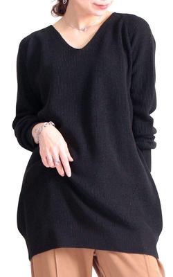 Gold Japan Plus Size Knit Long Long Size 6L Women's Top, V-Neck, Sleeves, Suri-3211, Black,