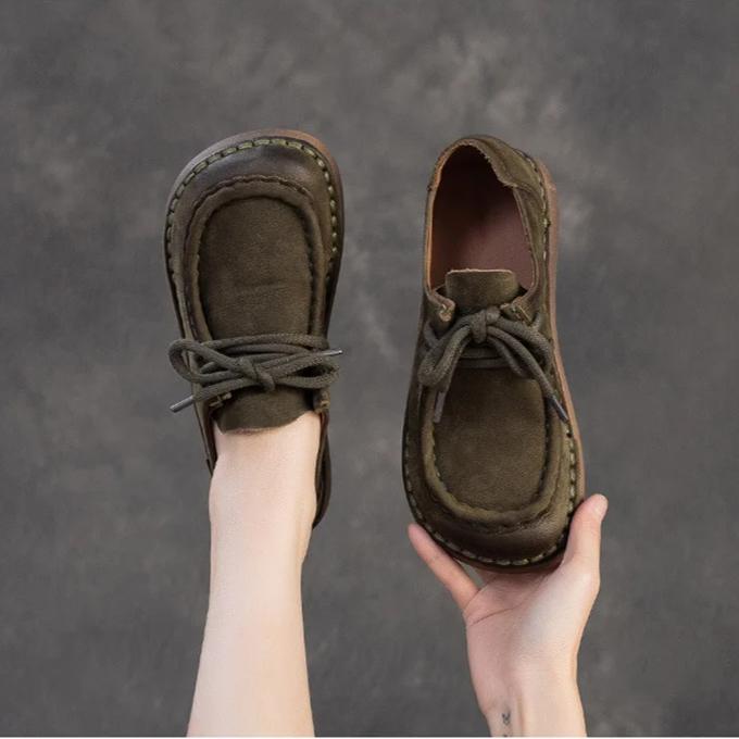 Johnature Genuine Leather Flats Comfortable Versatile Lace Up Commuting Retro Soft Soled Women's Shoes