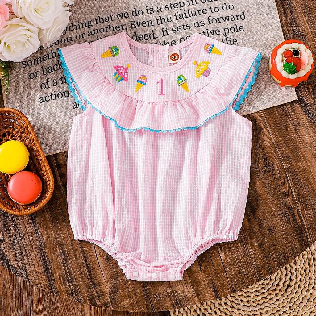 Infant Girls' 1st Birthday Embroidered Ruffle Bodysuit, Pink Stripe Cotton Sleeveless Romper