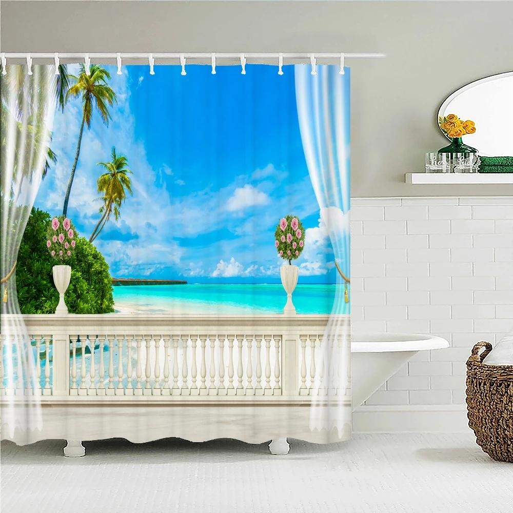 Outside The Window Seaside Scenic Beach Shower Curtains Bathroom Curtain Frabic Waterproof Bath Curtains For Bathroom 180X180Cm