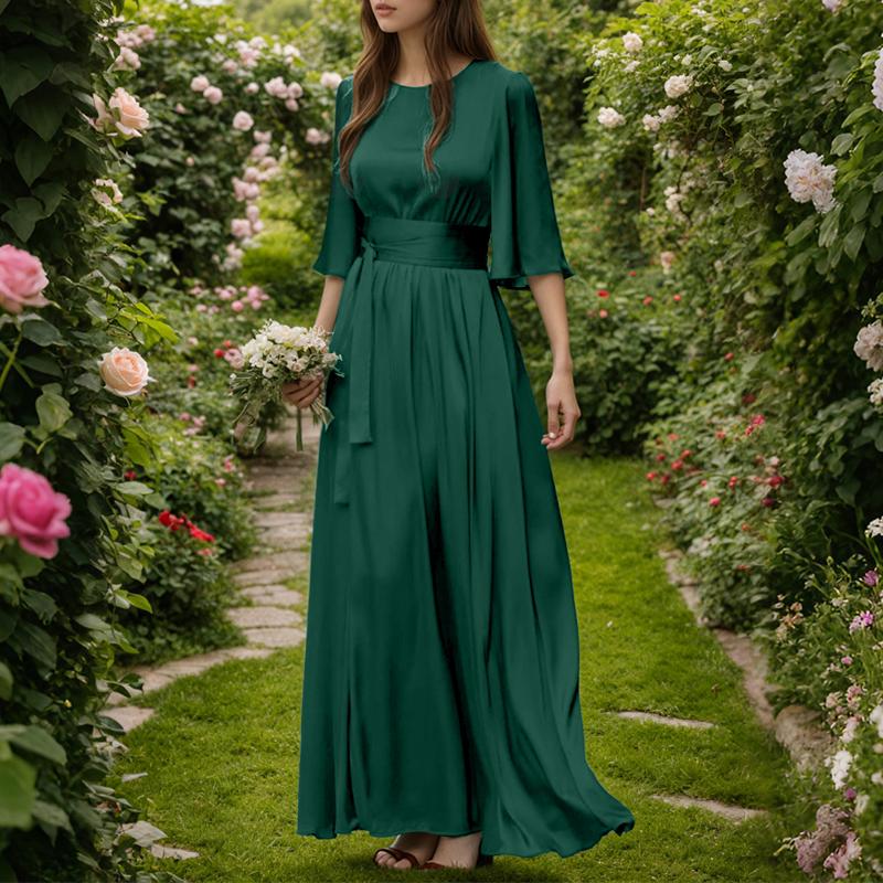 ZANZEA Women Casual Round Neck Loose 3/4 Sleeve Solid Long Dress