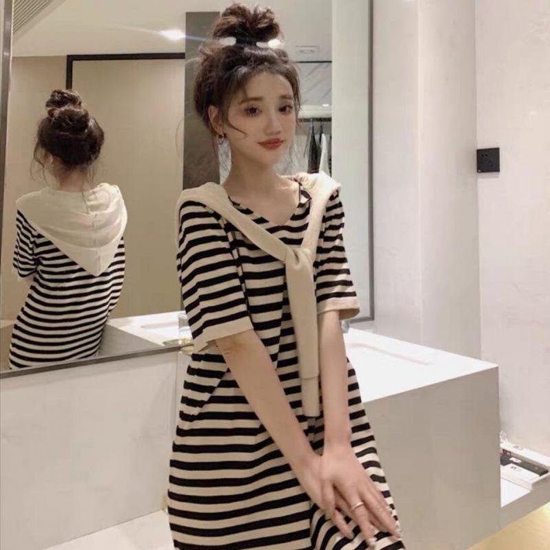 Maternity Petite Korean Style Striped Slit Dress - Summer 2026 Slimming & Trendy Fashion Hat Included Extra Large