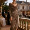 Abito da sera da donna a maniche lunghe in velluto per feste, con scollo drappeggiato, arricciato, spacco, aderente, midi, per invitati a matrimoni