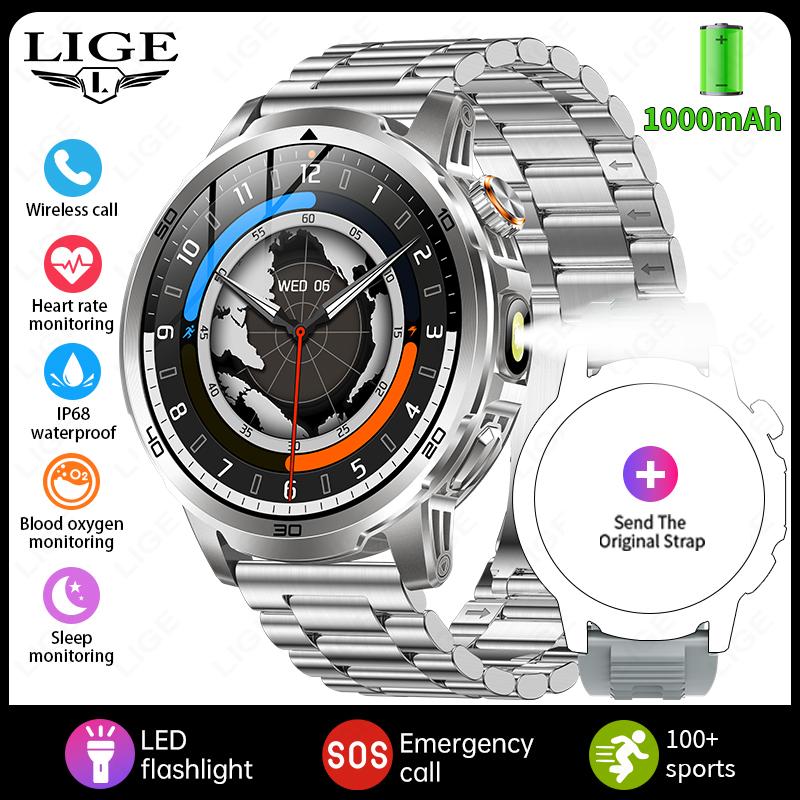 Outdoor Smart Watch Men 1000mAh Battery LED Flashlight SmartWatch Bluetooth Call Heart Rate Waterproof Sports Smartwatch