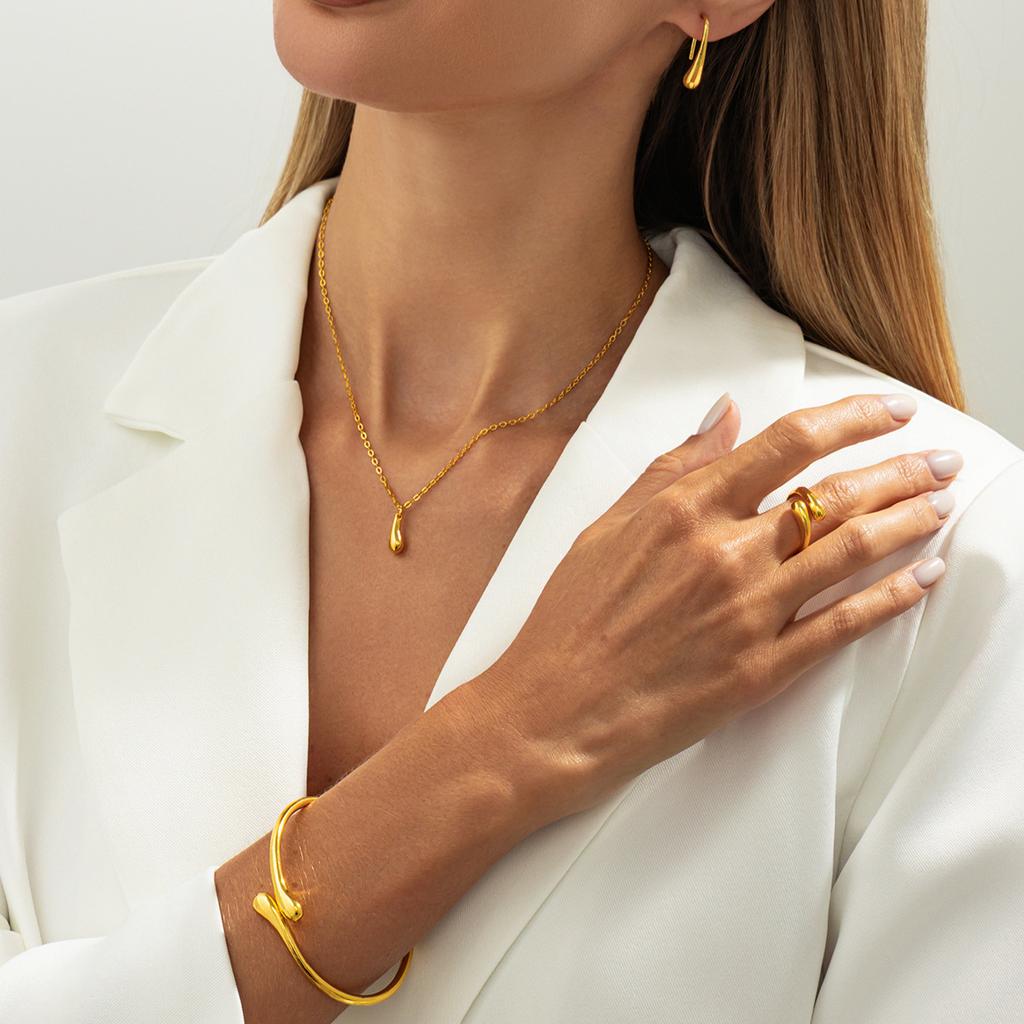 Fashion Diamond Gold Alloy 4-Piece Necklace Earring Ring Set for Engagement Wedding Party or Gift Women