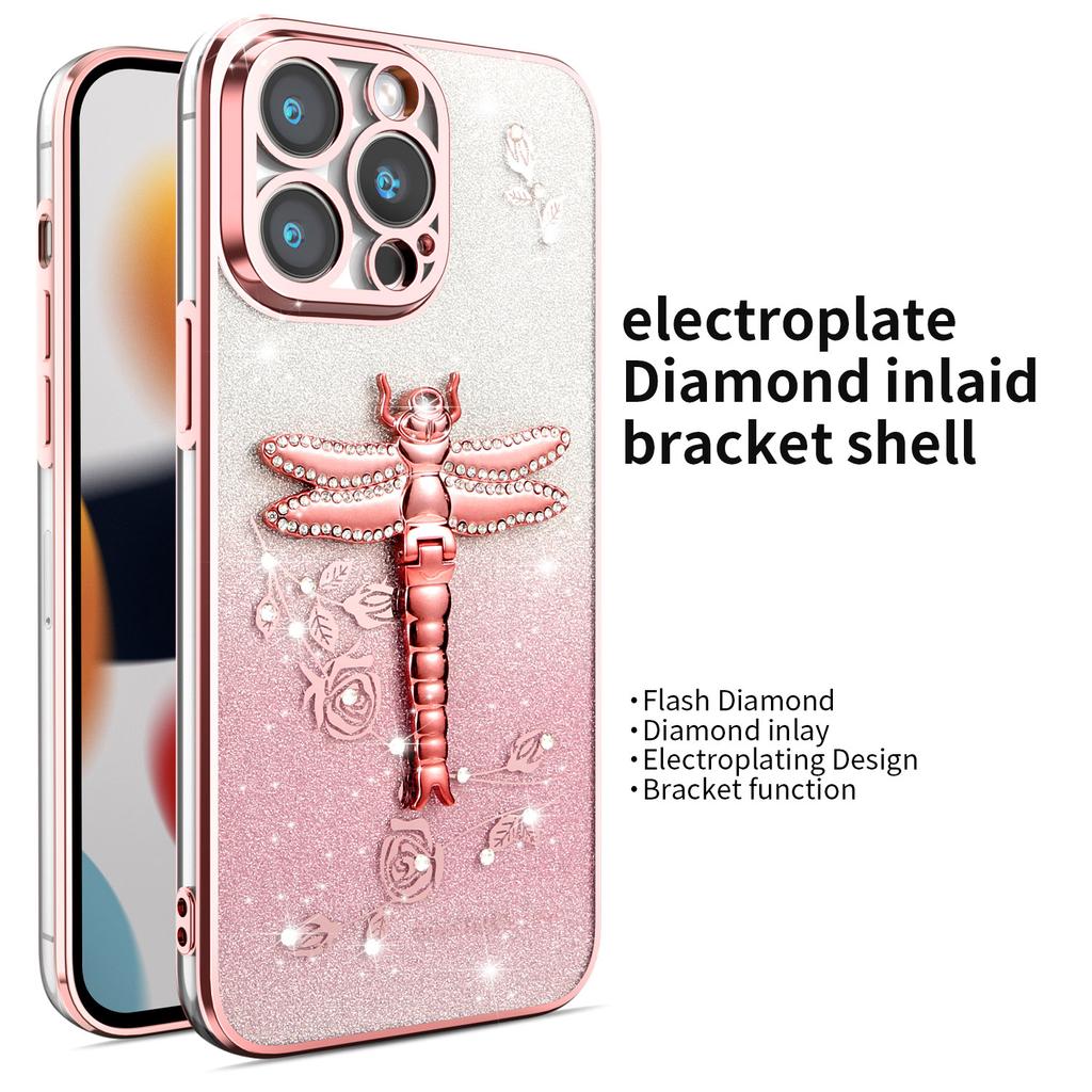 For iPhone 13 Pro Case Dragonfly Kickstand TPU Flowers Glitter Phone Cover
