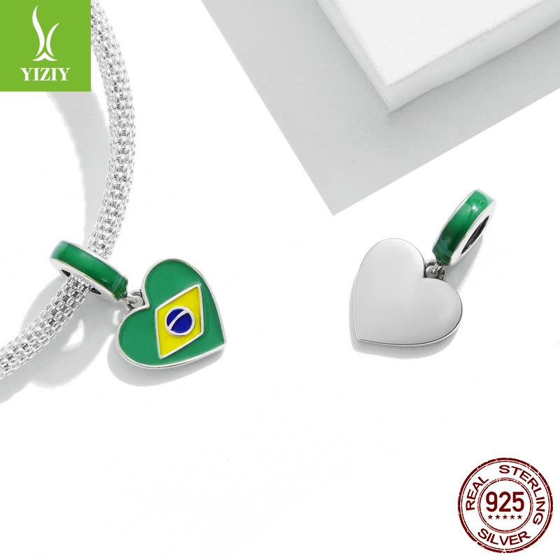 S925 Silver Brazilian Flag Heart Pendant with Green Enamel Drip