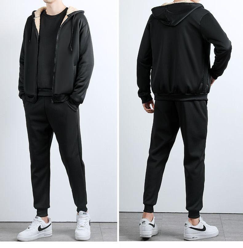 Pánská třídílná zimní sada: Kabát z jehněčí vlny, Volné ležérní kalhoty plus size, Trendy mikina