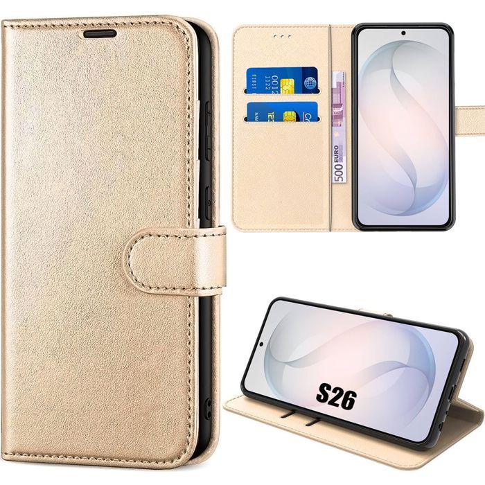Coque pour Samsung Galaxy S26, Protection Intégrale Antichoc Anti-Rayures Cuir Synthétique - Doré