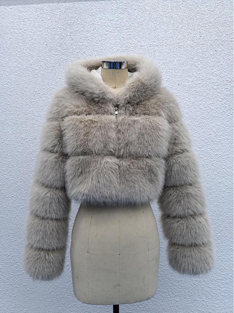 Europäisch-Amerikanischer Kurzer Kapuzenmantel aus Kunstfuchsfell für Herbst/Winter
