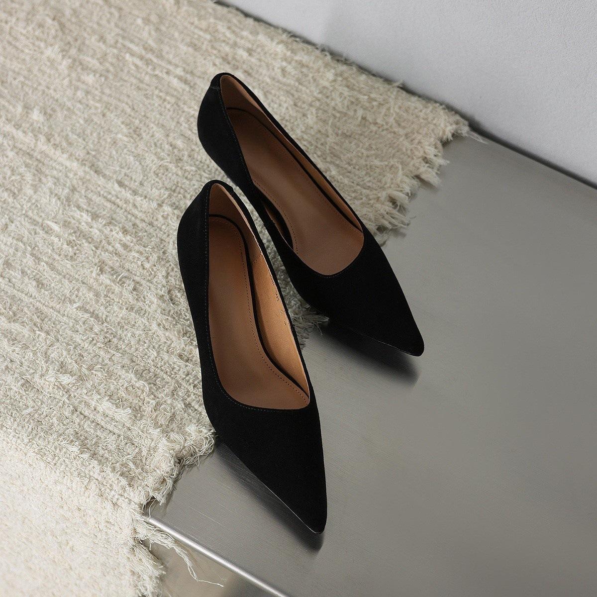 Первая встреча сезон ретро заостренный носок тонкий каблук легкая отделка туфли на среднем каблуке офисные туфли на высоком каблуке 35 чёрный