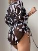 2024 High-Waisted Mesh Waist-Cinched One-Piece Swimsuit with Printed Drawstring and Three-Piece Bikini Set
