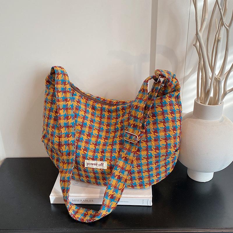 Retro Ctrast Color Plaid Women Woolen Crossbody Bags Versatile Ladies Shoulder Underarm Bag Large Capacity Girls Tote Handbag