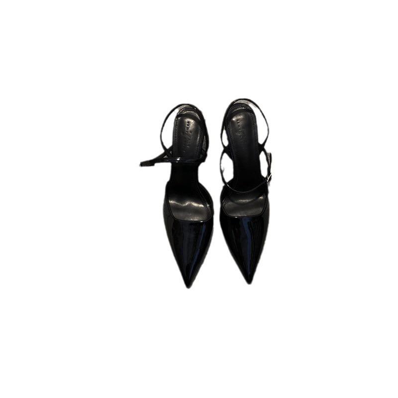2025 spring and summer women's shoes pointed toe thin heel empty single shoes women's black medium and high heel temperament fashionable bag head san