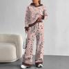 European, American Autumn And Winter Blue Splicing Flower Casual Long-Sleeved Suit Women'S Hooded Sweater Trousers Two-Piece Set