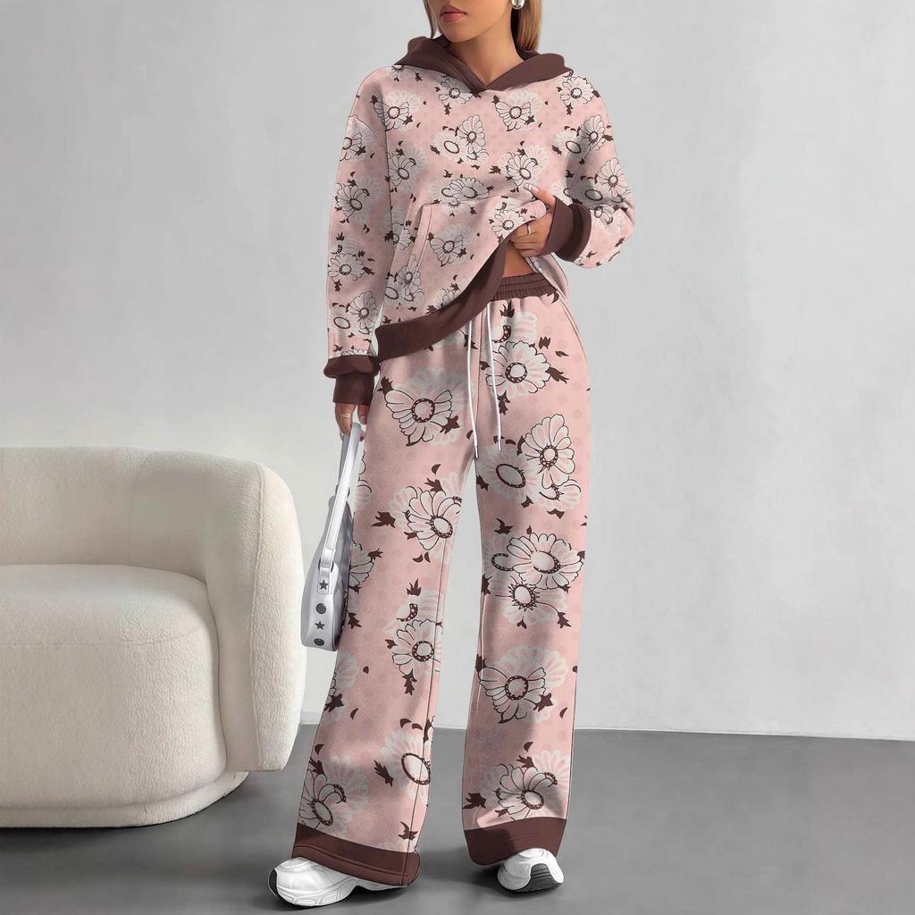 European, American Autumn And Winter Blue Splicing Flower Casual Long-Sleeved Suit Women'S Hooded Sweater Trousers Two-Piece Set