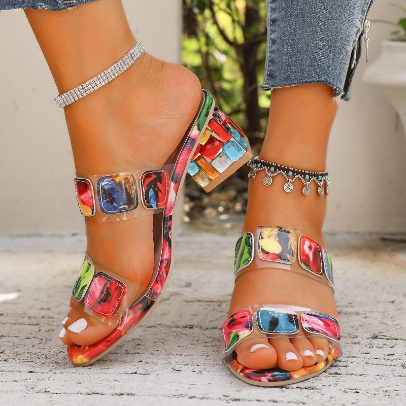 Women's Colorful Chunky Heeled Sandals Rhinestone Decor Slip On Open Toe Mid Heels Stylish Daily Wear Sandals