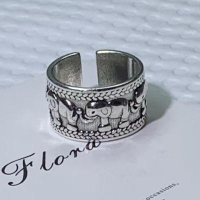 Korean Retro Ethnic Elephant Wide Band Ring In Aged Thai Silver