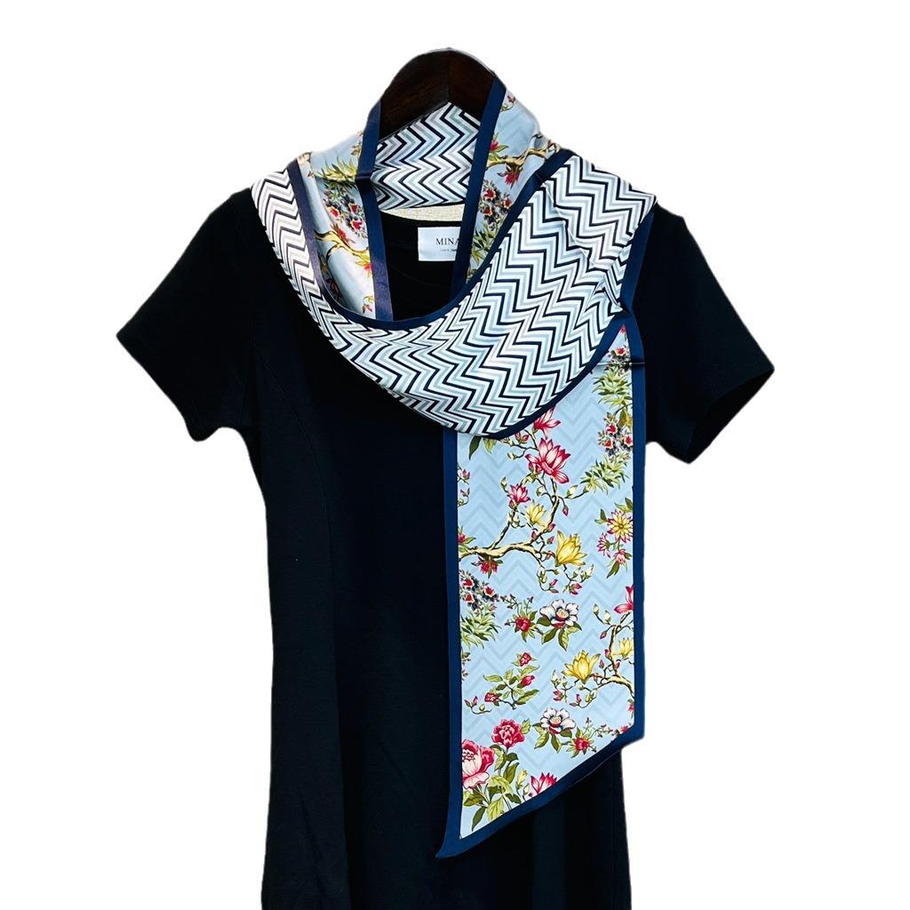 Silk Scarf Temperament Versatile Blue Floral Mulberry Silk Silk Scarf Thin Narrow Long Double-Sided Scarf Streamer