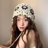 2025 New Handmade Hollowed Out Crochet Hat Flowers Lace Weaving Knitted Hats Y2k lace-Up Winter Beanies Headscarf Cap