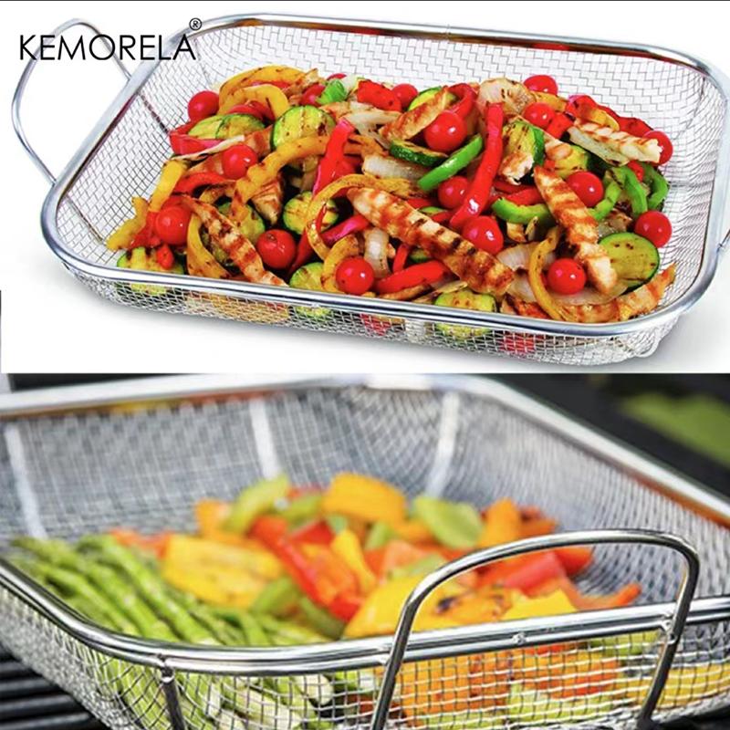 KEMORELA Stainless Steel BBQ Vegetable Basket Square Grill Drain Frying Outdoor Cookware for Charcoal Barbecue 1 Piece