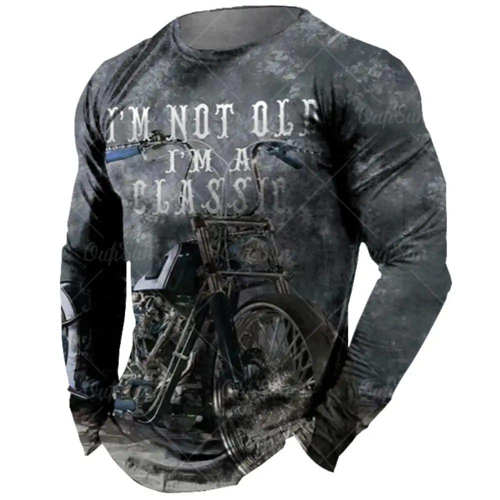 Fashionable Retro 3D Motorcycle Printed Pattern Men's Round Neck Long Sleeved T-shirt