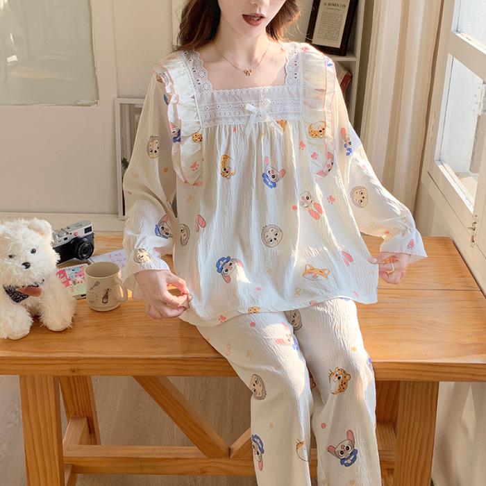 Sweet Polka Dot Lace Trim Princess Pajama Set for Women - Long Sleeve