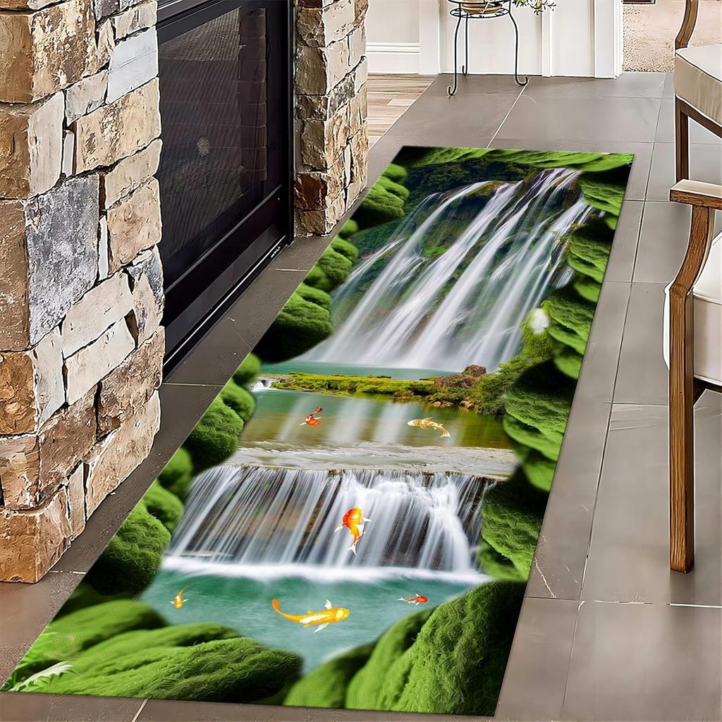 Pond Koi Throw Carpet Runner for Entrance, Summer Lotus Leaf Lotus Water Ripple Indoor Rug, Anti-Slip Absorbent Mat for Hallway