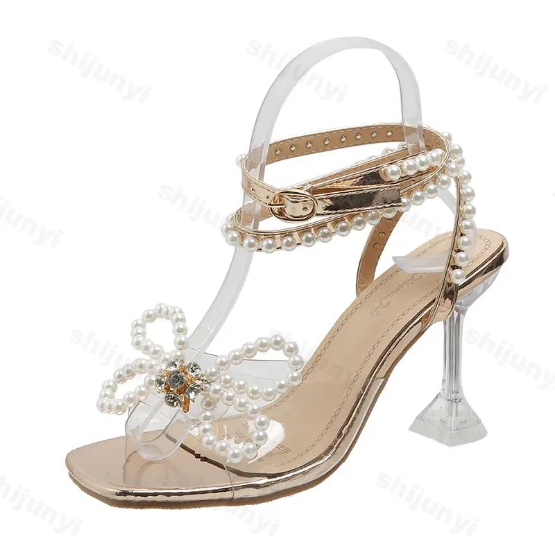Fashion 2025 Summer White Pearl Bow High Heels Wedding Shoes Woman Square Toe Peep Toe  Thin Heels Party Sandals Zapatillas Mujer