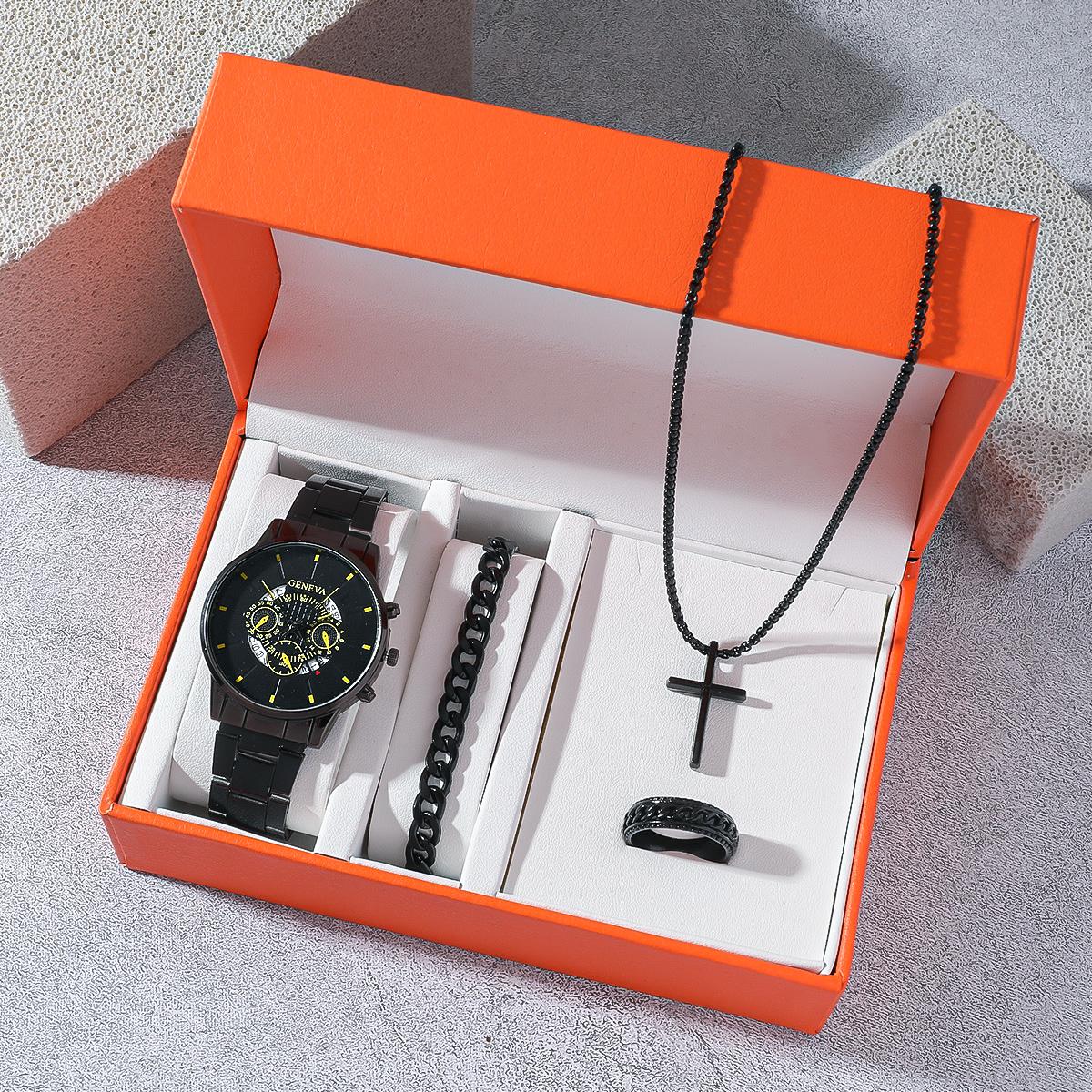 

Fashionable and casual business wristwatch+versatile cross steel strap necklace bracelet four piece set with gift box чёрный
