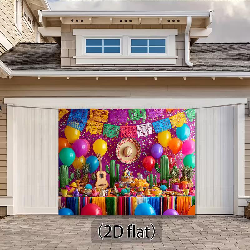 2D Cinco de Mayo Taco Party Backdrop, Colorful Papel Picado Cactus & Balloon Photography Background