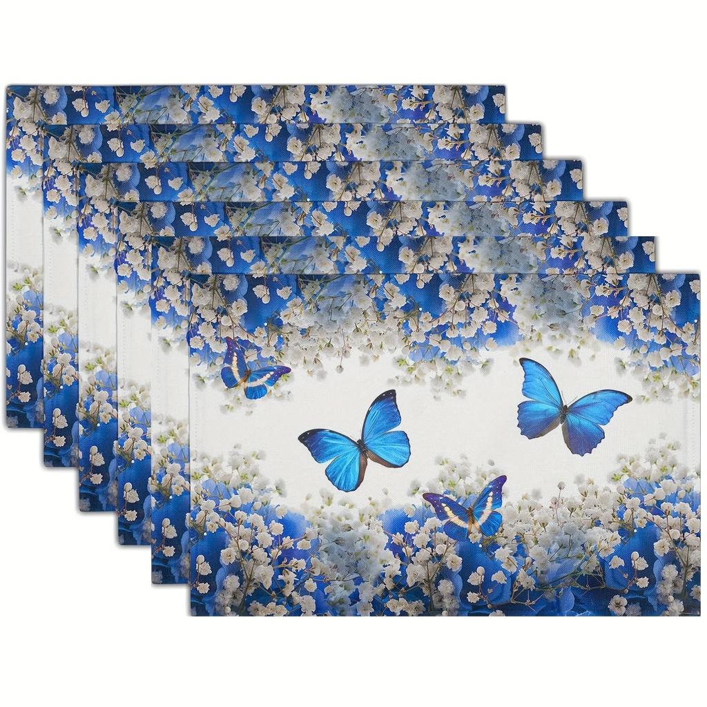 1PC Pack Blue Butterfly And White Flowers Placemats, 30x45CM Linen Rectangular Table Mats, Machine Washable Woven Dining