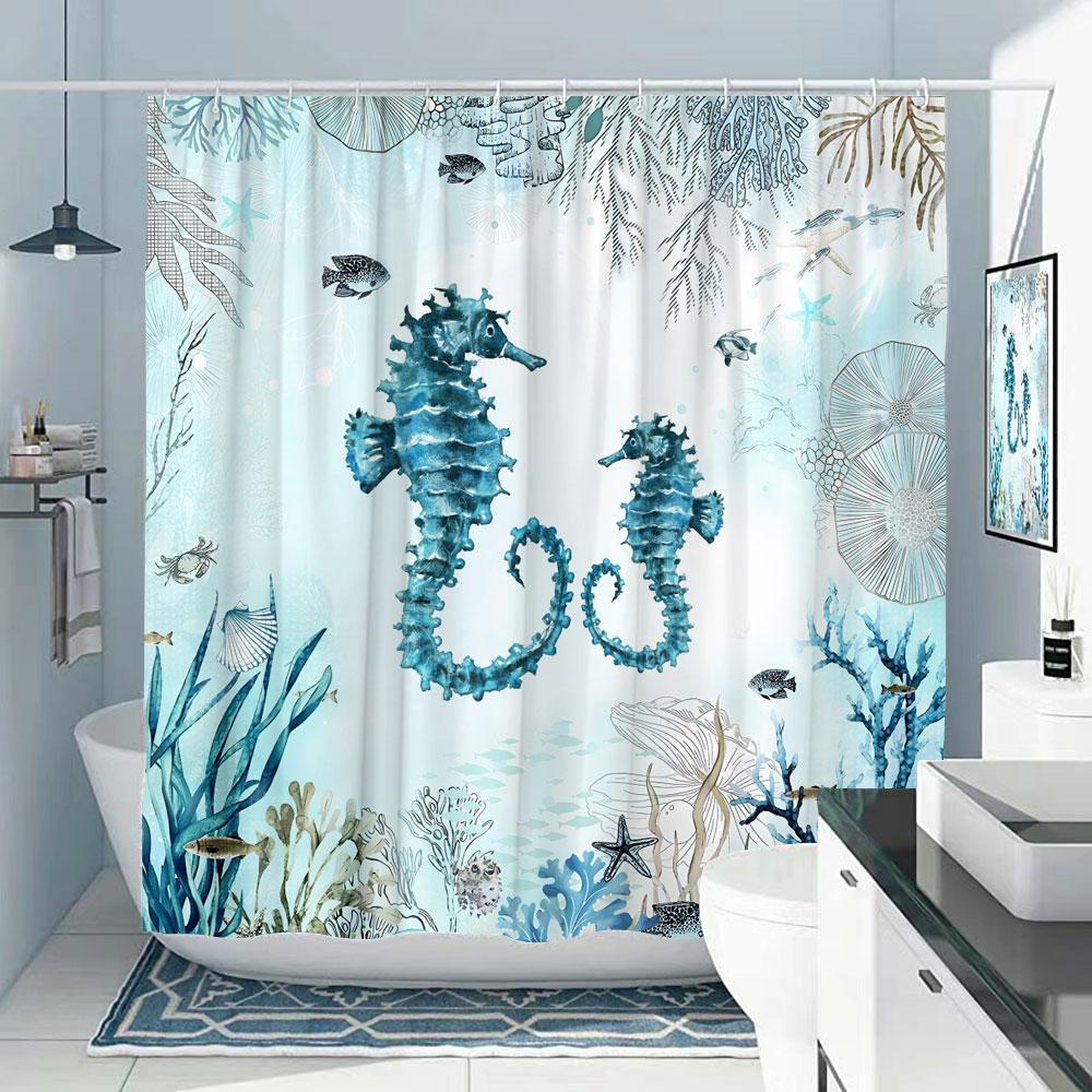 Octopus Shower Curtain Nautical Ocean Sea Turtle Beach Coastal Blue Fish Seashell Jellyfish Fabric Bath Curtains Bathroom Decor