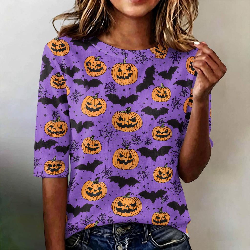 Women Casual Loose Fit Short Sleeve T Shirt Round Neck Lightweight Halloween Pumpkin Web Pattern Top