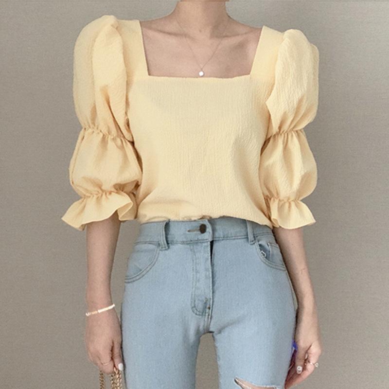 Retro Puff Sleeve Square Neck Short Sleeve T-Shirt Women's Summer Dress New Small Design Shirt