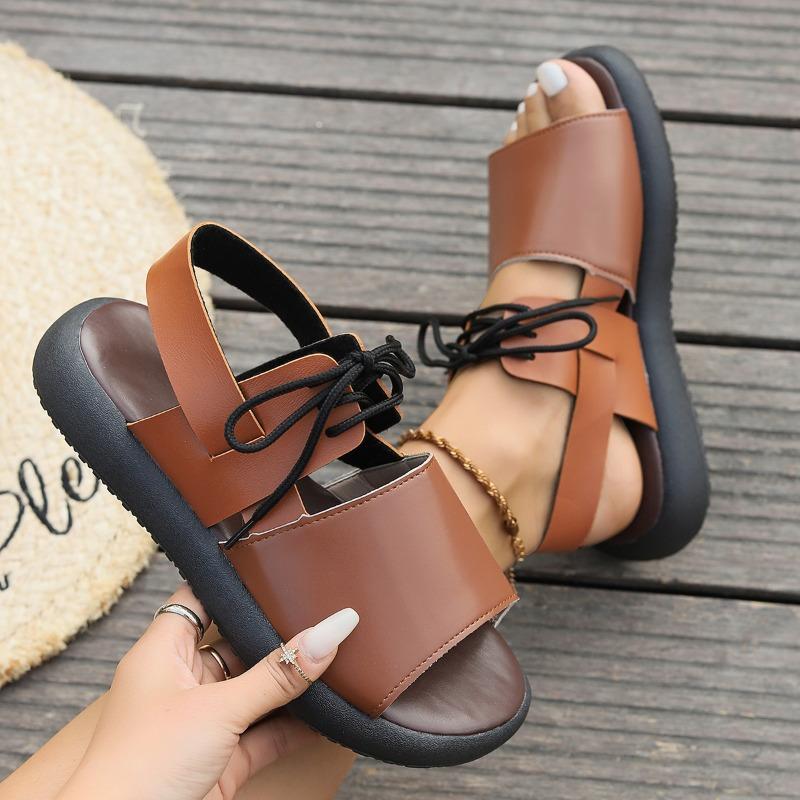 Platform Sandals Women's Summer New Round Toe Open Toe Colorblock Front Lace-Up Non-Slip Plus Size Romans
