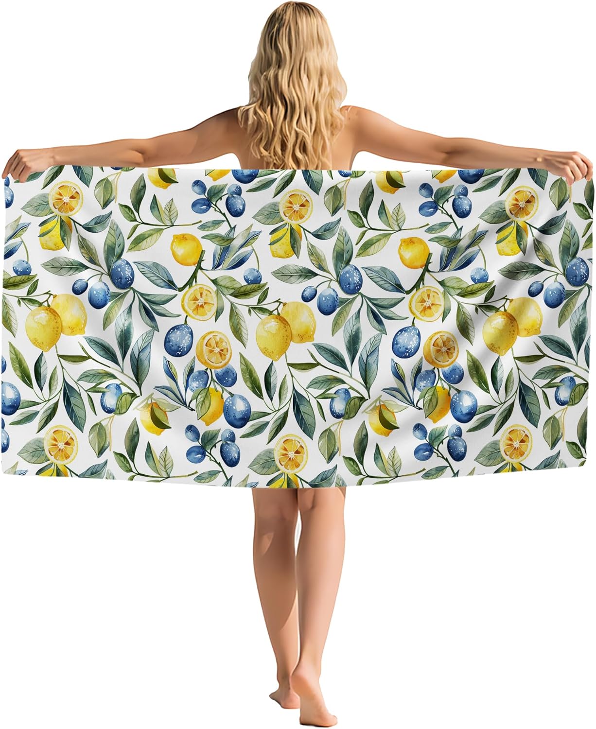 

Mediterranean Lemon Beach Towel, Mediterranean Sicilian Lemons Sand Beach Towels Gifts for Women, Chinoiserie Blueberry Lemon W40*H60(CM)
