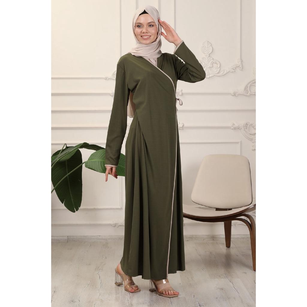 Black Double Breasted Neck Piping Flexible Interlock Fabric Prayer Dress