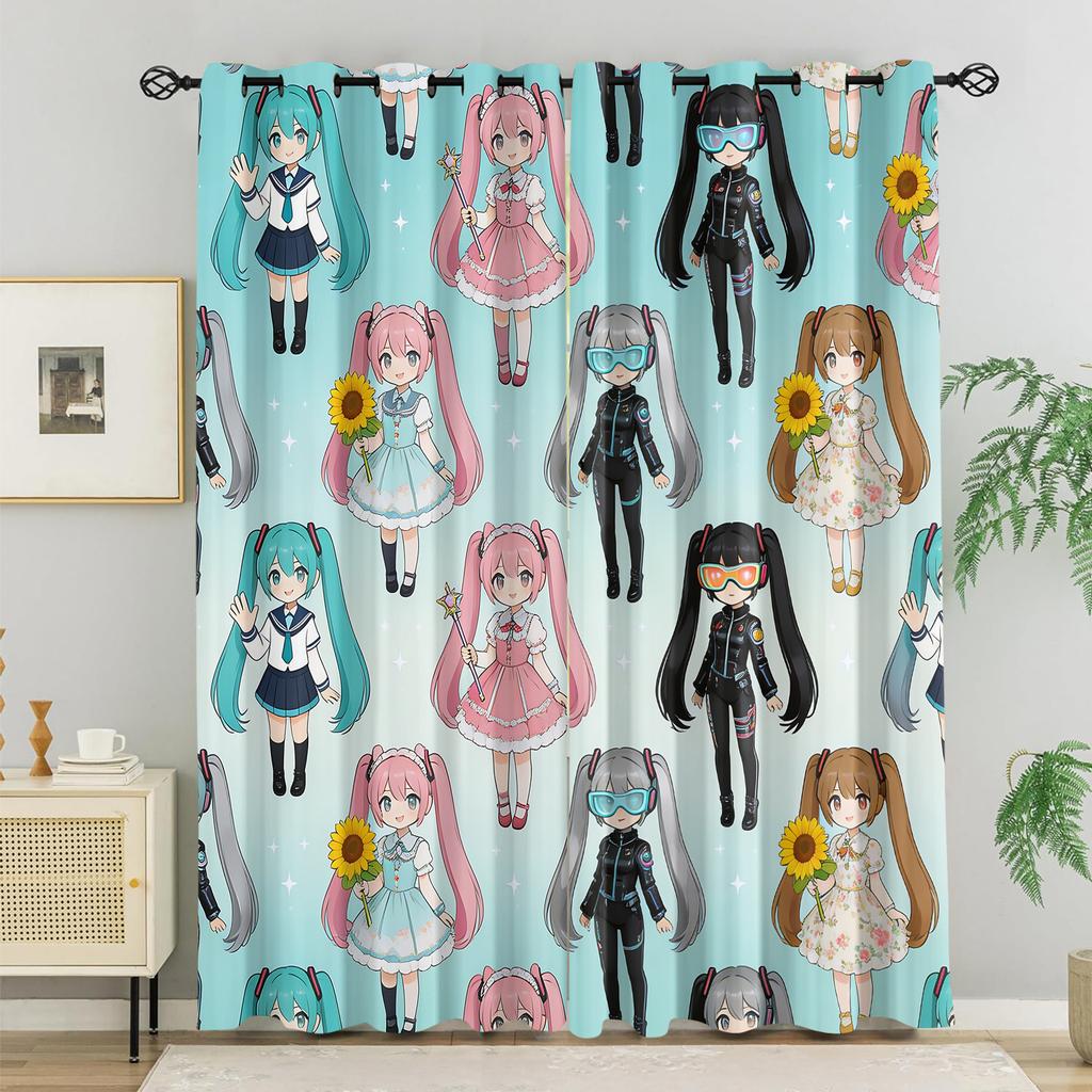 2Pcs Hatsune Miku Chibi Kawaii Style Blackout Curtains Cute Anime Window Drapes Fans Room Kids Room Teen Girl Bedroom Decor Gift