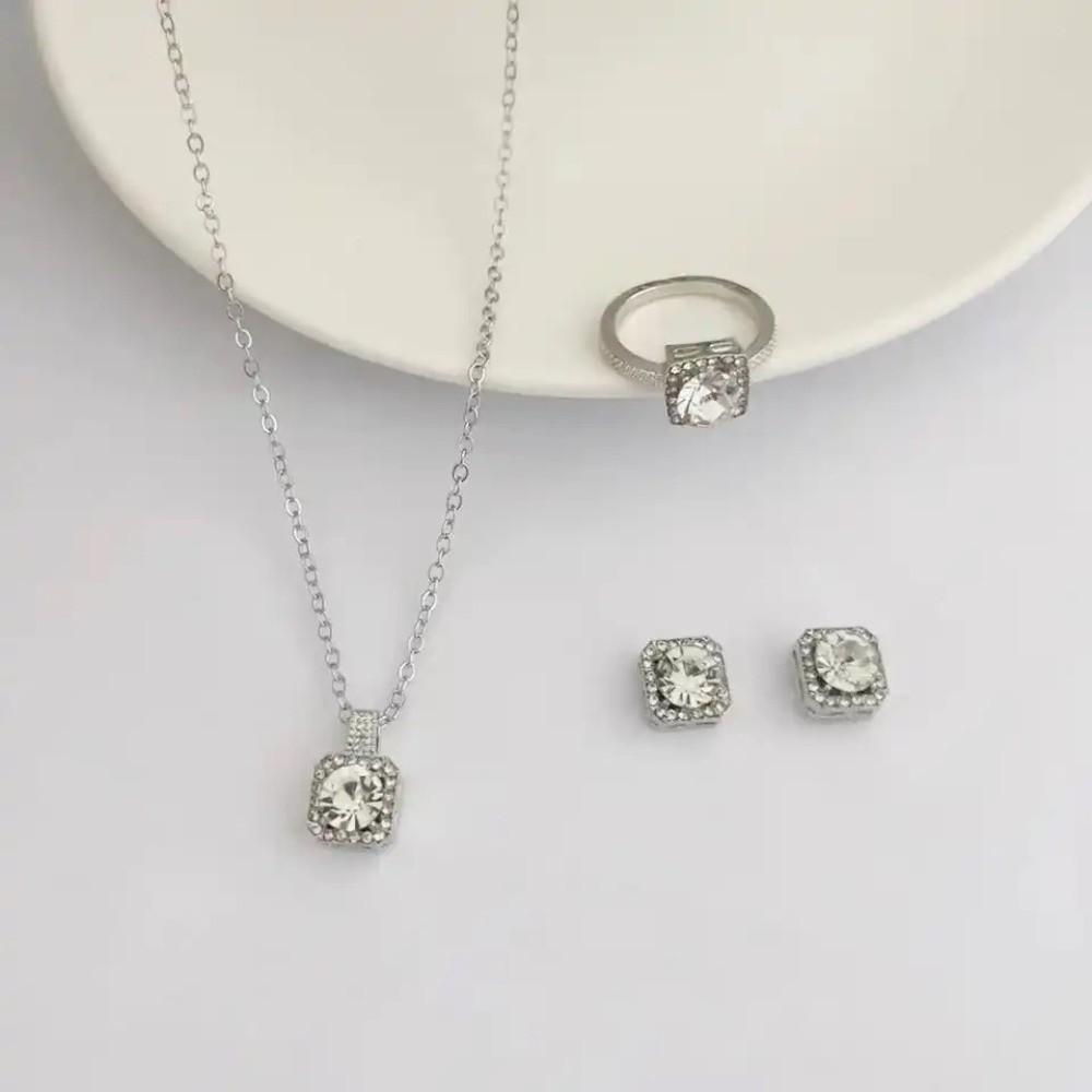 Crystal Cube Jewelry Set Pendant Ear Studs Exquisite Square Necklace  Girls