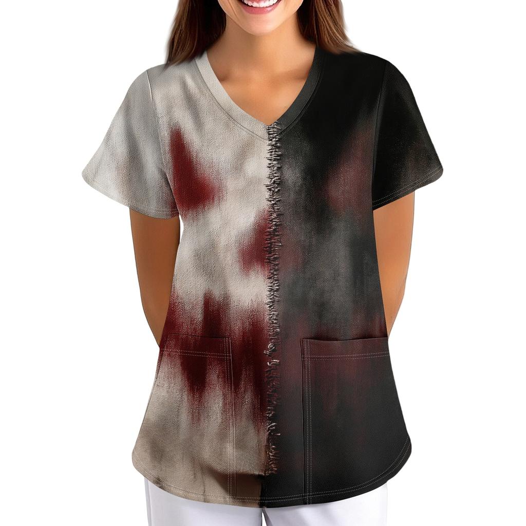 Women's Halloween Print Loose Fit V Neck Short Sleeve Nurse Scrub Top with Pockets Casual Medical Uniform Shirt