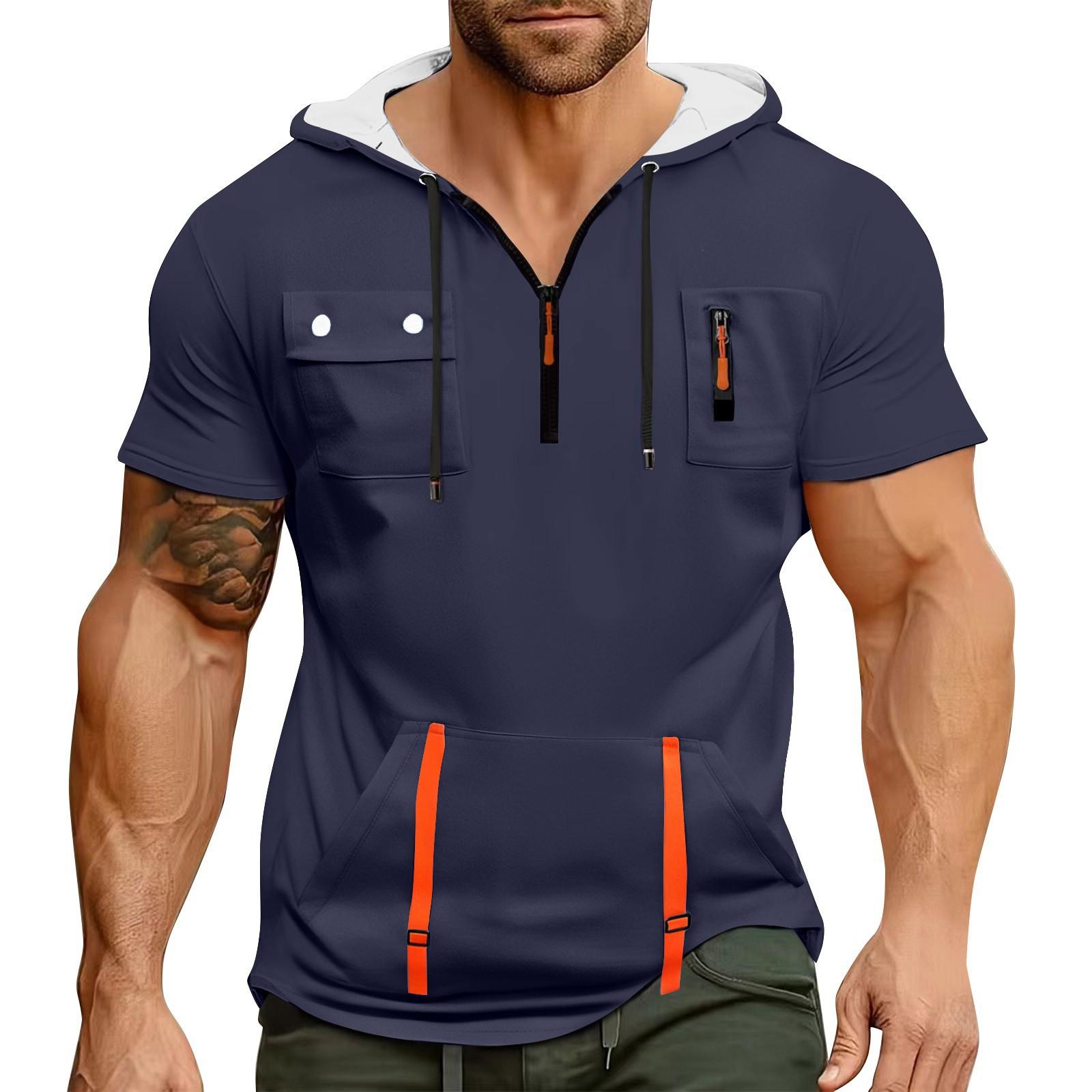 

Мужская летняя рубашка с карманом на молнии, коротким рукавом, с капюшоном, мужская спортивная повседневная толстовка большого размера XXL тёмно-синий