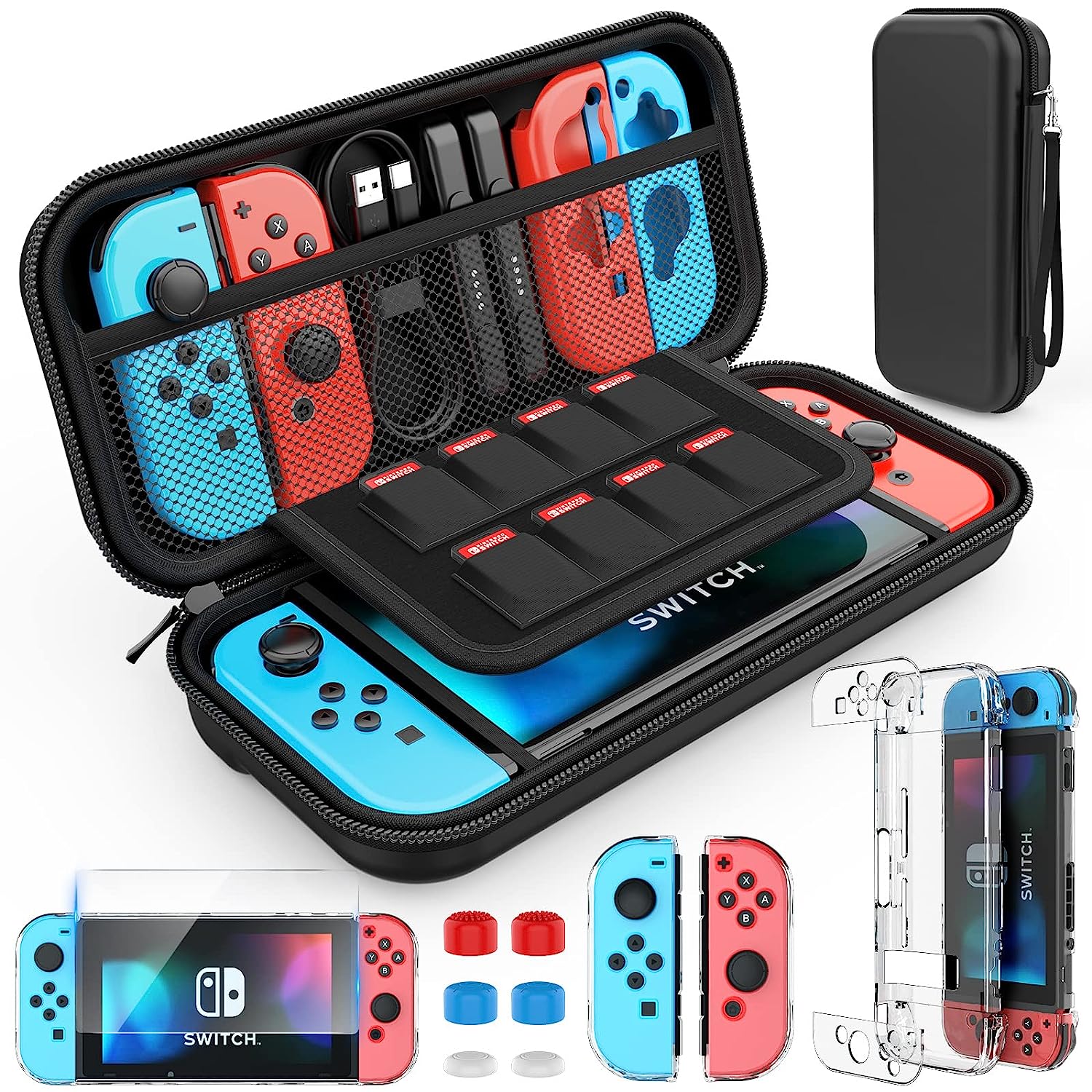 

Для Switch Case Совместимость с Nintendo Switch, 9 в 1 набор аксессуаров с чехлом для переноски, док-защитный чехол чёрный