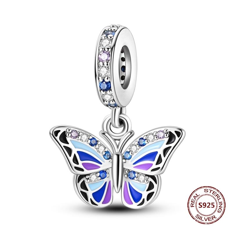 Butterfly Charm copper Authentic Pink Blue Zircon Fly Butterflies Safety Chain Clip Charm Bead Charms Compatible With Bracelets Do It Yourself Jewelle