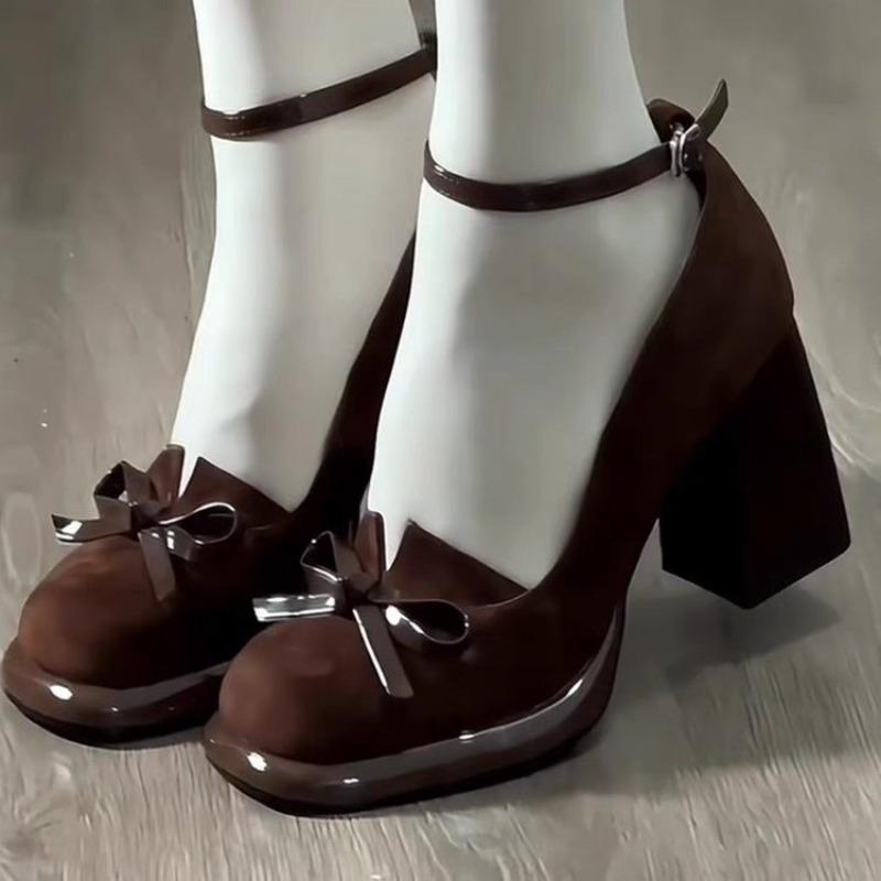 French Vintage High Heels Women's New 2025 Small Size Bow Knot Slip-On Thick Heel Single Shoes Round Toe Polyurethane Cushioning